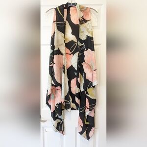 Floral black Flowing Asymmetric sheer Long Vest Beach cover up Top One Size